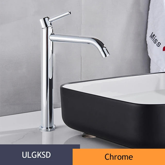 Brushed Golden Bathroom Basin Hot Cold Faucets Brass Deck Mounted Tall Style Long Mouthed Taps Vanity Sink Mixer Tap For Bathroo