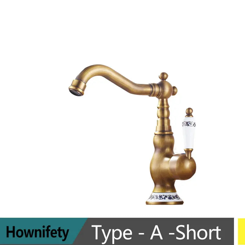 Antique Brass Kitchen Faucet Hot & Cold Mixer Tap Single Hole Bathroom Faucet  Rotatable crane Blue and white porcelain handle