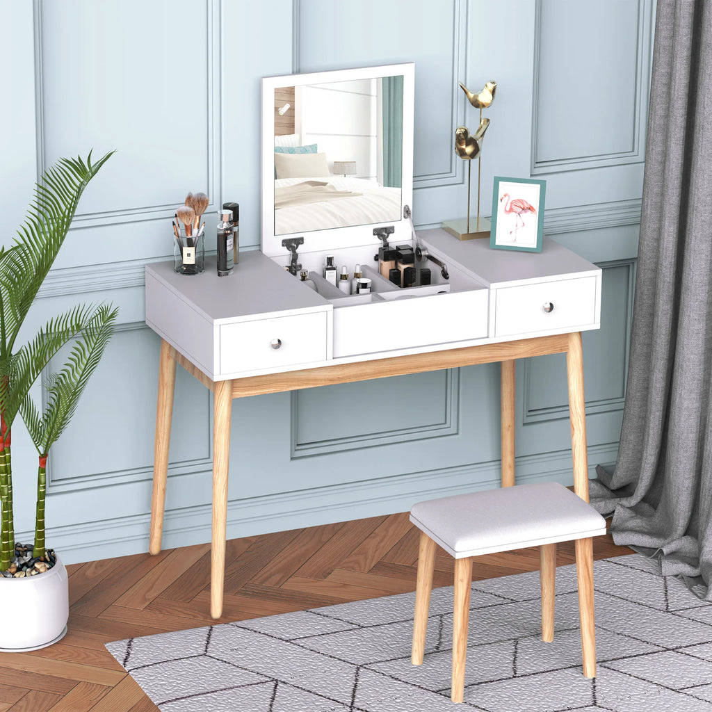 Homcom Dressing Table with Folding Mirror Drawers and Stool 100X45X118 Natural Color