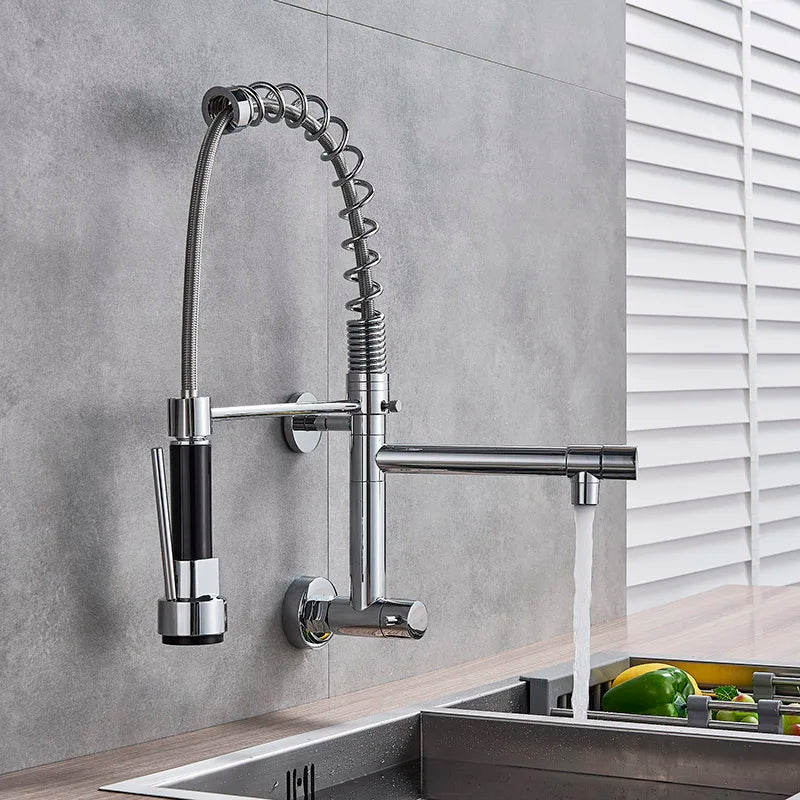 Chrome Black Pull Down Kitchen Faucet Single Cold Water Dual Swive Spout Mixer Wall Mounted Faucet 360 Rotation Bathroom Tap