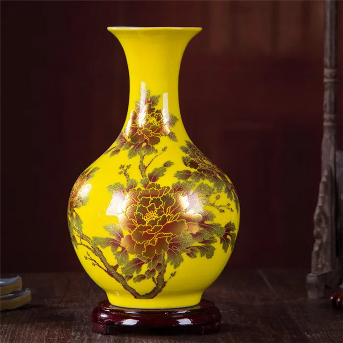 New Chinese Style Vase Jingdezhen Yellow Crystal Glaze Flower Vase Home Decor Handmade Shining Famille Rose Vases