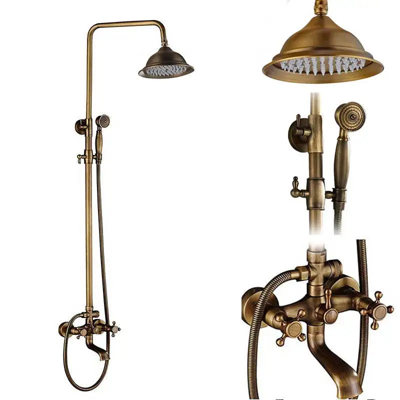 rozin Antique Brass Shower Faucet Set Bathroom Shower Column with Shelf Rainfall Hot Cold Water Mixer Tap Handhold Shower Faucet