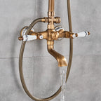 rozin Antique Brass Shower Faucet Set Bathroom Shower Column with Shelf Rainfall Hot Cold Water Mixer Tap Handhold Shower Faucet