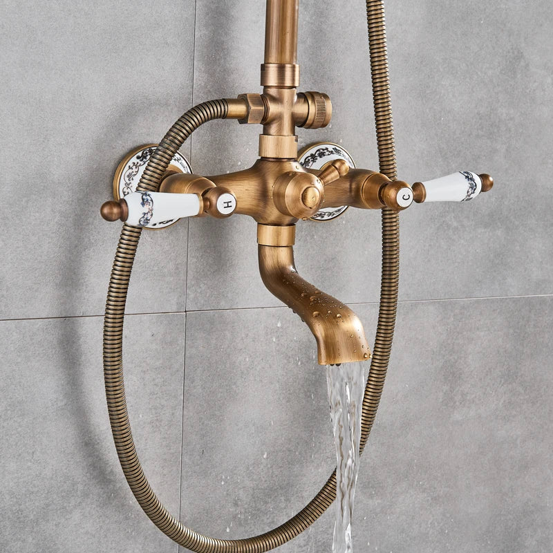 rozin Antique Brass Shower Faucet Set Bathroom Shower Column with Shelf Rainfall Hot Cold Water Mixer Tap Handhold Shower Faucet