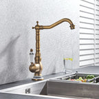 Antique Brass Kitchen Faucet Hot & Cold Mixer Tap Single Hole Bathroom Faucet  Rotatable crane Blue and white porcelain handle