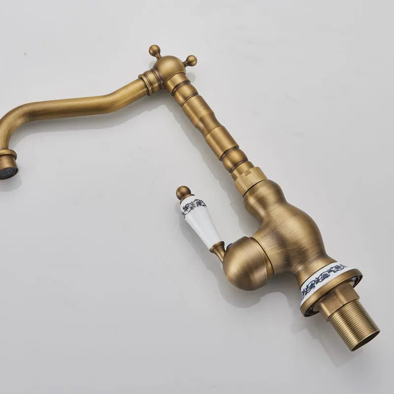 Antique Brass Kitchen Faucet Hot & Cold Mixer Tap Single Hole Bathroom Faucet  Rotatable crane Blue and white porcelain handle