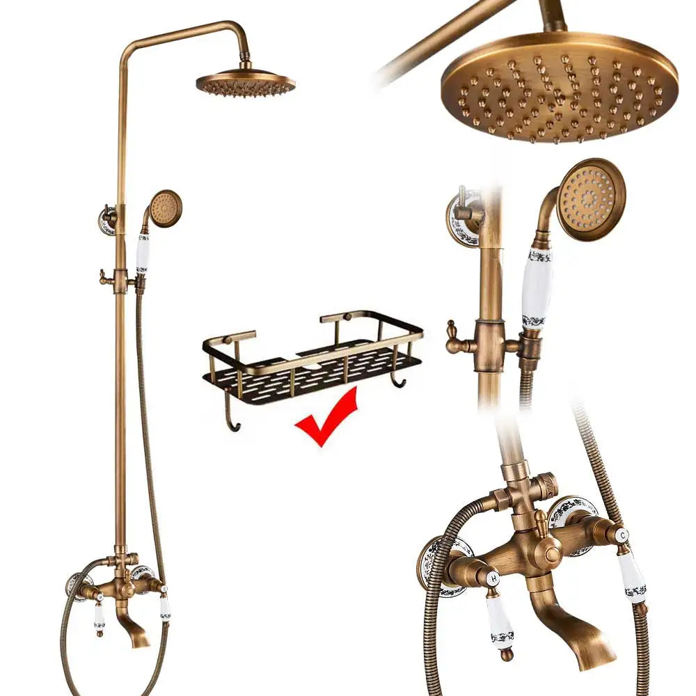 rozin Antique Brass Shower Faucet Set Bathroom Shower Column with Shelf Rainfall Hot Cold Water Mixer Tap Handhold Shower Faucet