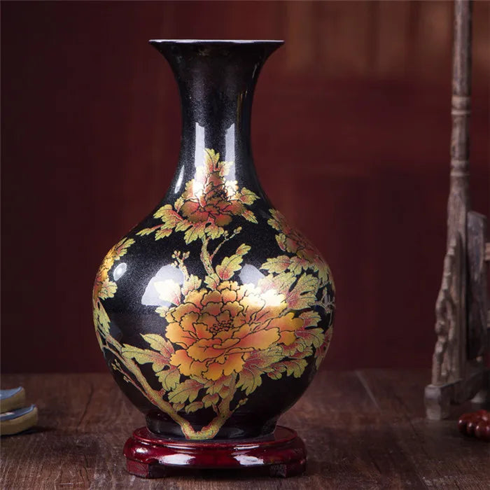 New Chinese Style Vase Jingdezhen Yellow Crystal Glaze Flower Vase Home Decor Handmade Shining Famille Rose Vases