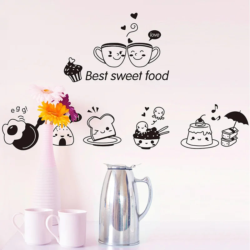 Cartoon Cute Happy Kitchen Food Wall Sticker Living Room Kitchen Restaurant Home Decoration Mural Art Decals Stickers Wallpaper