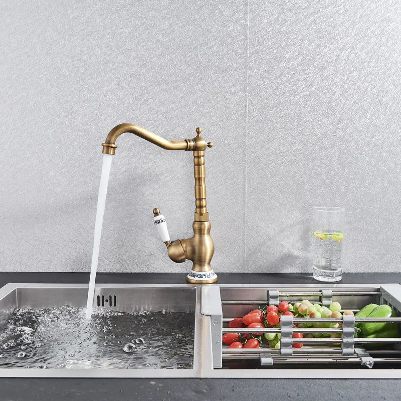 Antique Brass Kitchen Faucet Hot & Cold Mixer Tap Single Hole Bathroom Faucet  Rotatable crane Blue and white porcelain handle