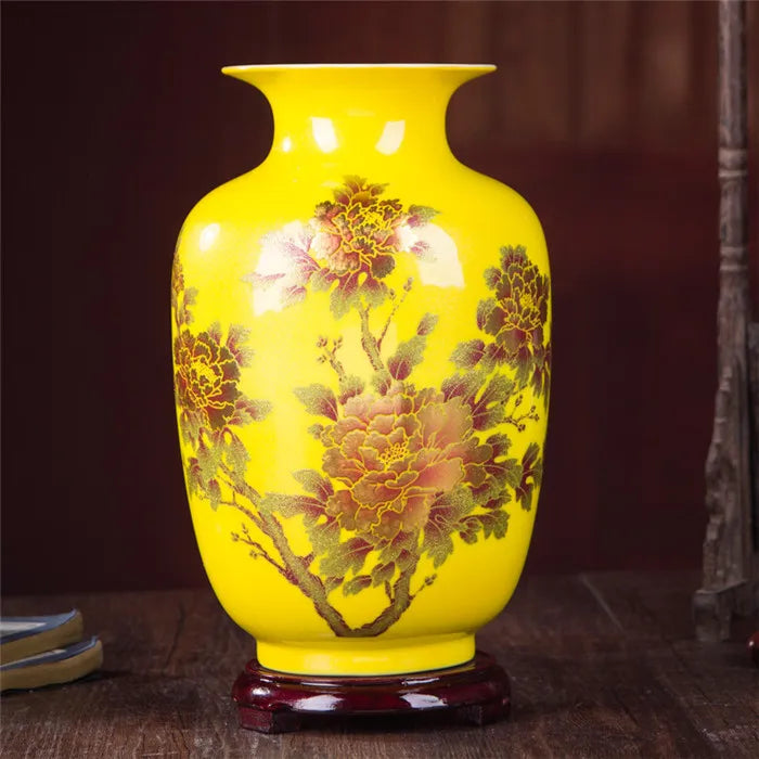 New Chinese Style Vase Jingdezhen Yellow Crystal Glaze Flower Vase Home Decor Handmade Shining Famille Rose Vases