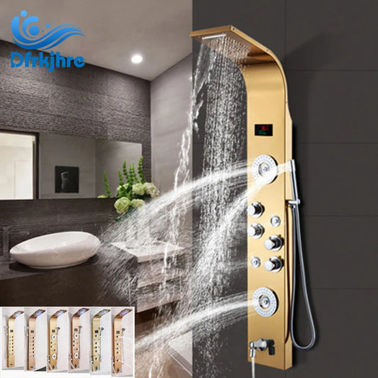 Gold Shower Panel LED Light Bathroom Six Functions Shower Column Tower Digital Screen Waterfall Shower Massage Spa Jets Tub