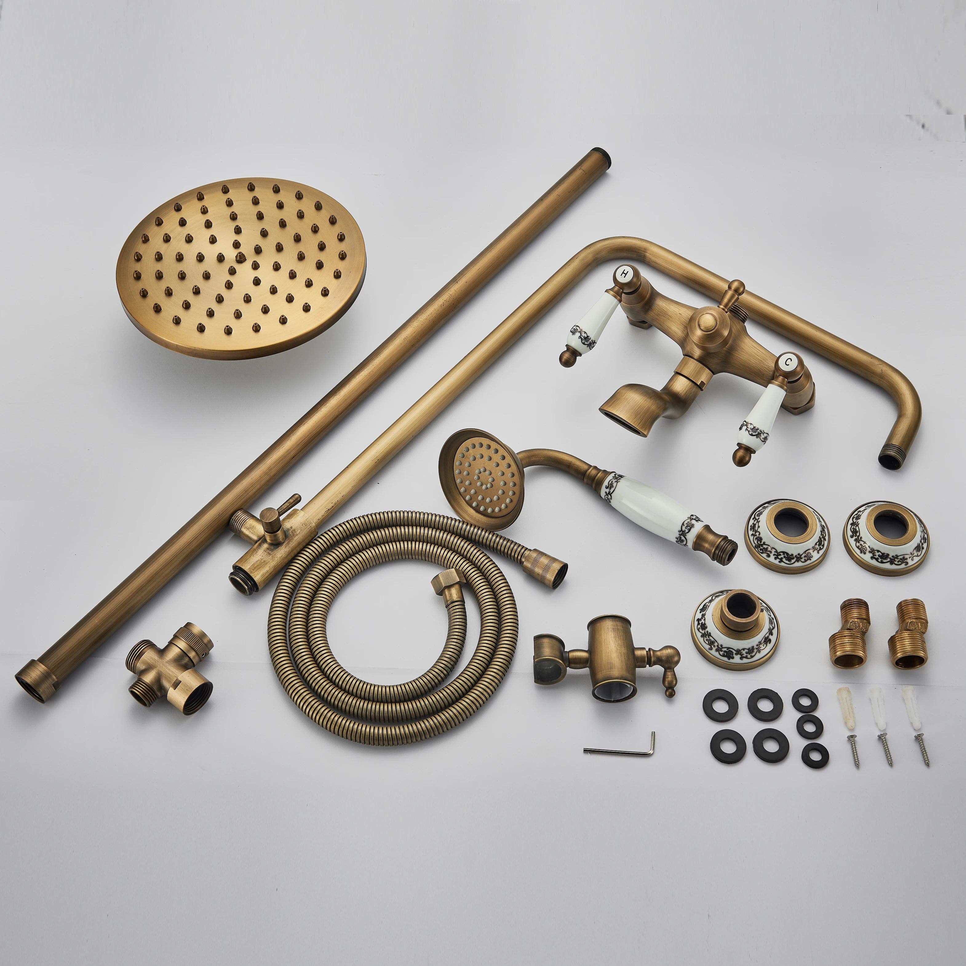 rozin Antique Brass Shower Faucet Set Bathroom Shower Column with Shelf Rainfall Hot Cold Water Mixer Tap Handhold Shower Faucet