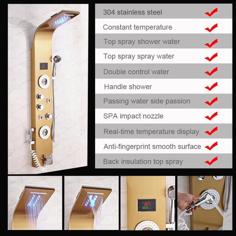Gold Shower Panel LED Light Bathroom Six Functions Shower Column Tower Digital Screen Waterfall Shower Massage Spa Jets Tub