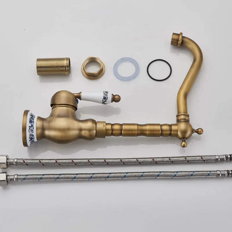 Antique Brass Kitchen Faucet Hot & Cold Mixer Tap Single Hole Bathroom Faucet  Rotatable crane Blue and white porcelain handle