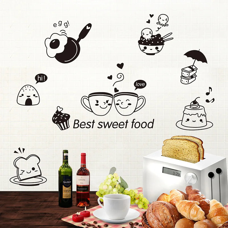 Cartoon Cute Happy Kitchen Food Wall Sticker Living Room Kitchen Restaurant Home Decoration Mural Art Decals Stickers Wallpaper