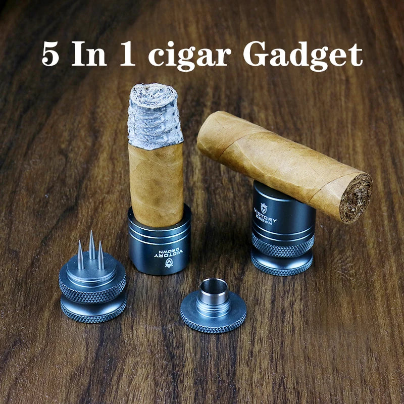 5 In 1 Portable Cigar Punch Cutter Gadgets Pocket Metal Holder Bullet Hole Cut with Cigar Drill Cigar Draw Enhancer Needle Tools