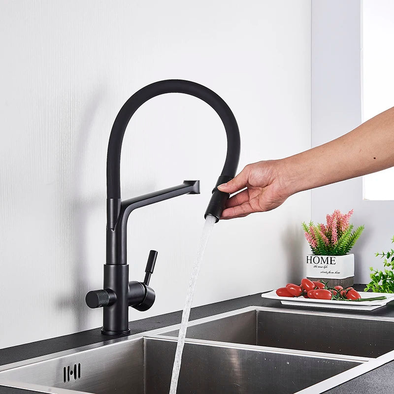 Matte Black Kitchen Sink Faucet Tap Pure Water Filter Mixer Crane Dual Handles Purification Kitchen Hot and Cold Water Tap
