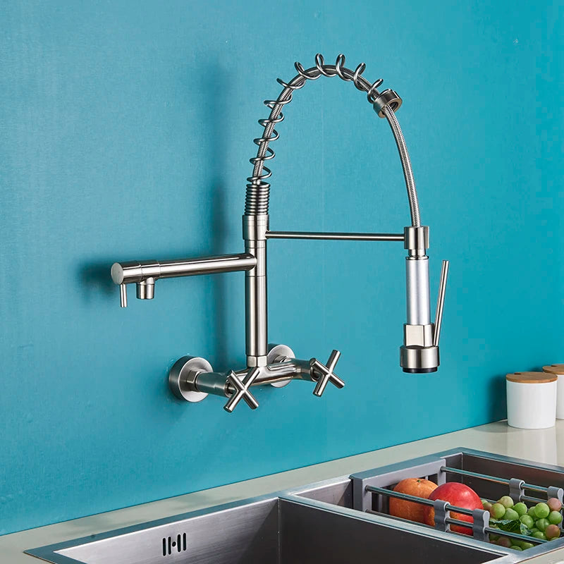 Myqualife Kitchen Faucet Torneira Cozinha Double Handle Mounted On Spring Faucet With 2 Nozzles Chrome Finish New Grifo Cocina