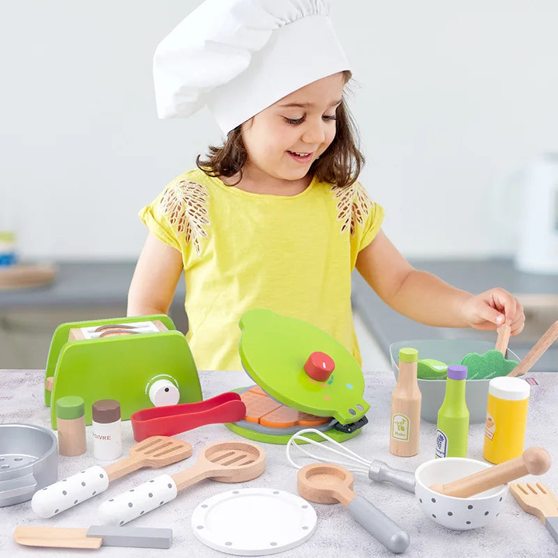 DIY Wooden Kitchen Toy Pretend Play Simulation Model Set Coffee Machine Cooking Educational Toys Gift For Children Kids Girls