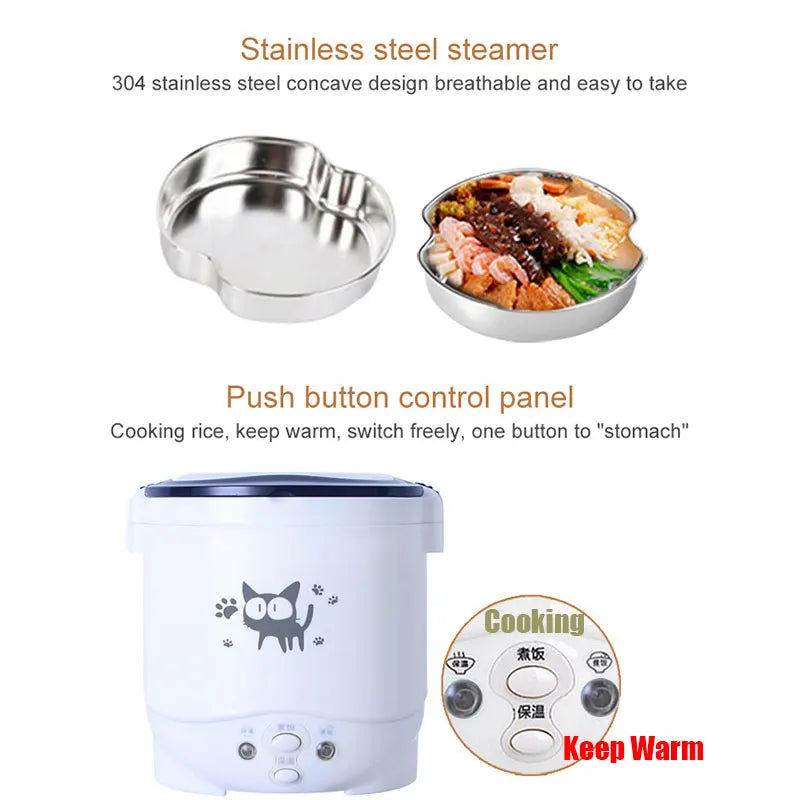 12V 24V Mini Rice Cooker Car Truck Soup Porridge Cooking Machine Food Steamer Heating Lunch Box Meal Heater Warmer 1L / 2L