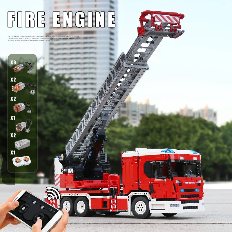 MOULD KING 17022 Technical Fire Engine Truck Remote Controlled Building Blocks Toys Set with Turntable Ladder