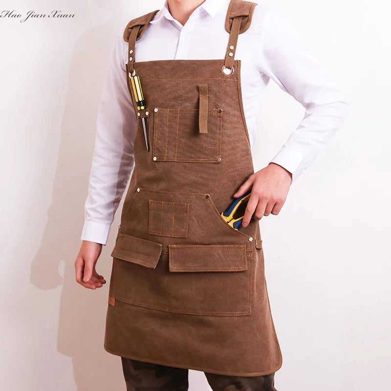 New Durable Goods Heavy Duty Unisex Canvas Work Apron with Tool Pockets Cross-Back Straps Adjustable For Woodworking Painting