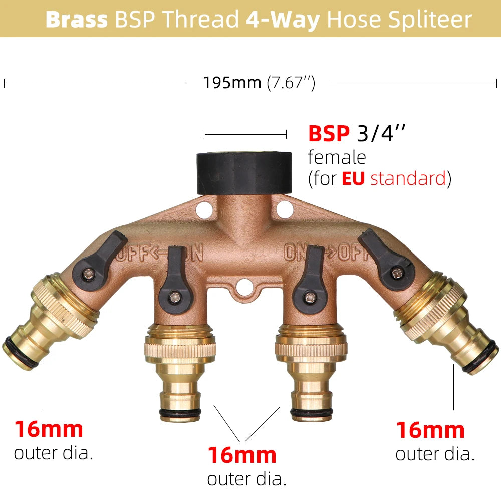 1PC BSP NPT 3/4" 4-Way Brass Plastic Garden Hose Splitter Y-Type Watering Connector Distributor For Outdoor Tap Faucet Adapter