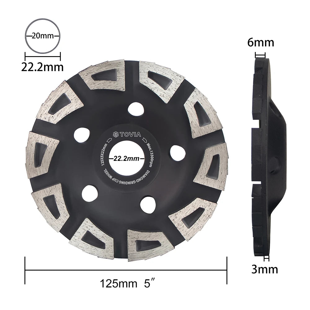 T TOVIA Diamond Cup Grinding Wheel 125mm Double-row Diamond Grinding Wheel for Cement Granite Wall Tiles Stone Concrete Asphalt
