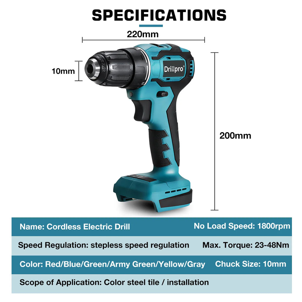 Drillpro 90N.m Cordless Electric Screwdriver Rechargeable  DIY Wireless Power Driver Tools For Makita 18V Battery
