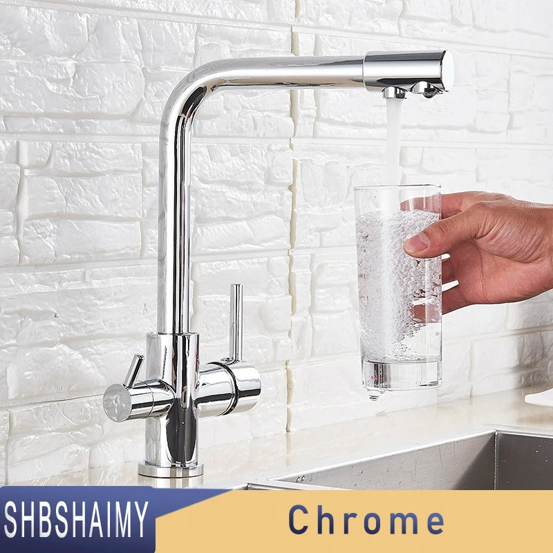 SHBSHAIMY Brushed Nickel Filter Kitchen Faucet Drinking Water Kitchen Tap Deck Mounted Dual Handles 3-Way Hot Cold Water Mixer