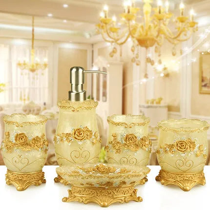 European 5pcs Bathroom Set/Resin Bathroom Accessories Kit/Toothpick Holder/Soap Dispenser/Tooth Brush Holder/Cup Soap Dish Tray