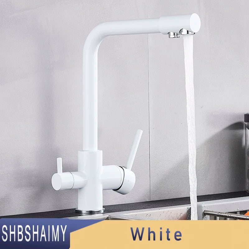 SHBSHAIMY Brushed Nickel Filter Kitchen Faucet Drinking Water Kitchen Tap Deck Mounted Dual Handles 3-Way Hot Cold Water Mixer
