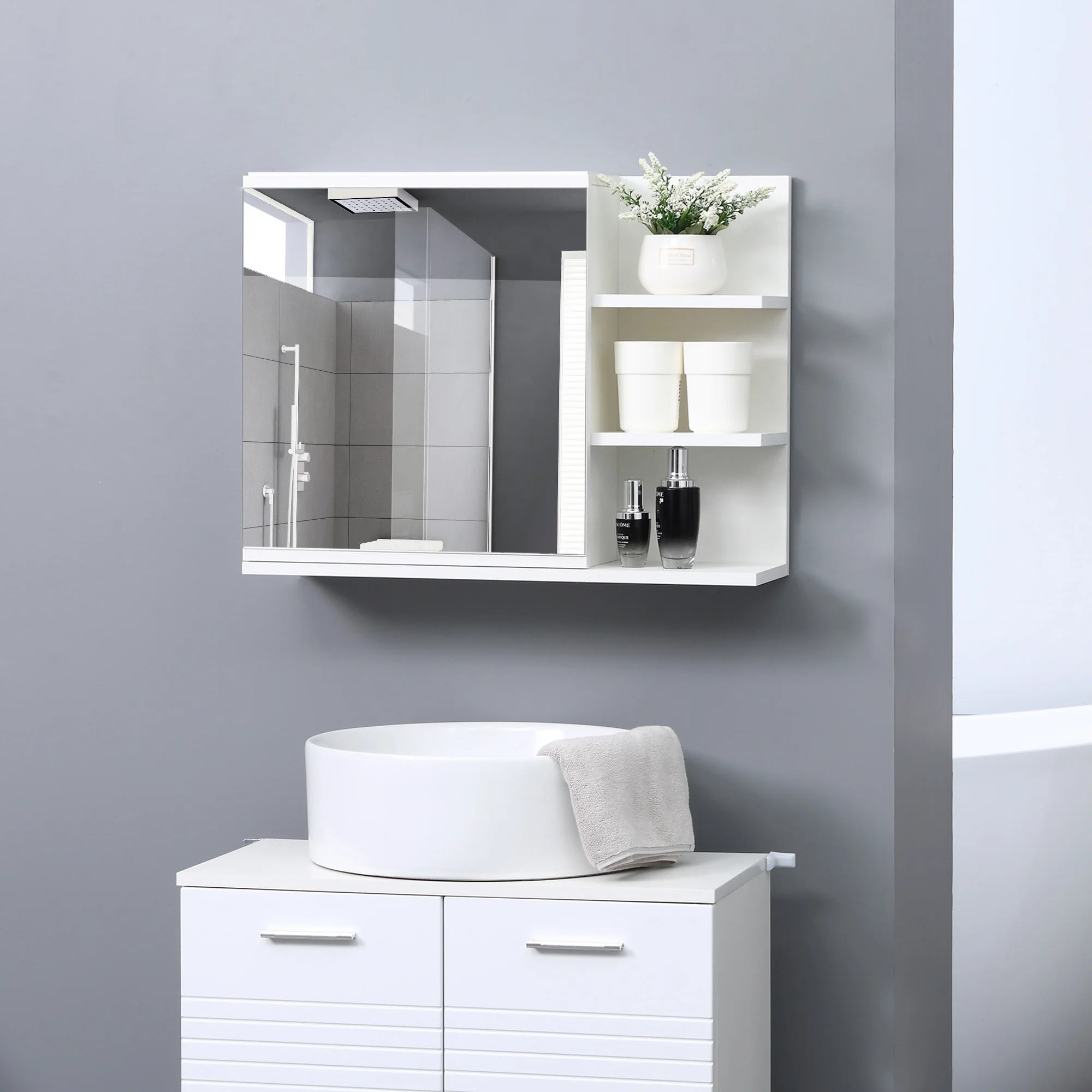 Kleankin bathroom cabinet with mirror with 3 open shelves 60x18x50 cm White