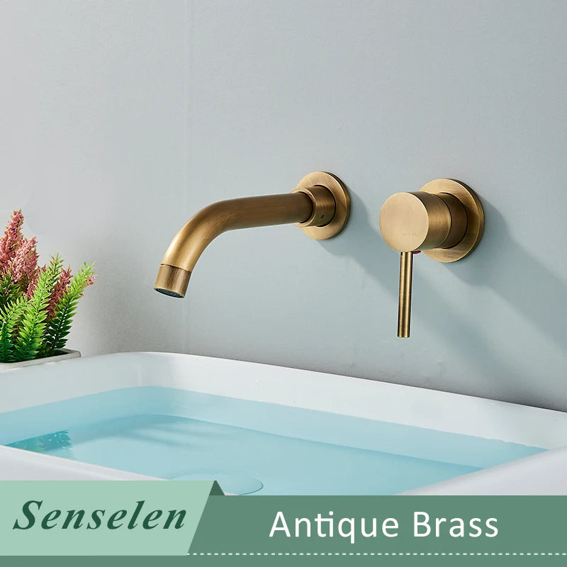 Bathroom Basin Faucet Brushed Golden Concealed Wall Mounted Faucet Tap 360 Rotation Single Handle Hot Cold Water Bath Mixer Tap