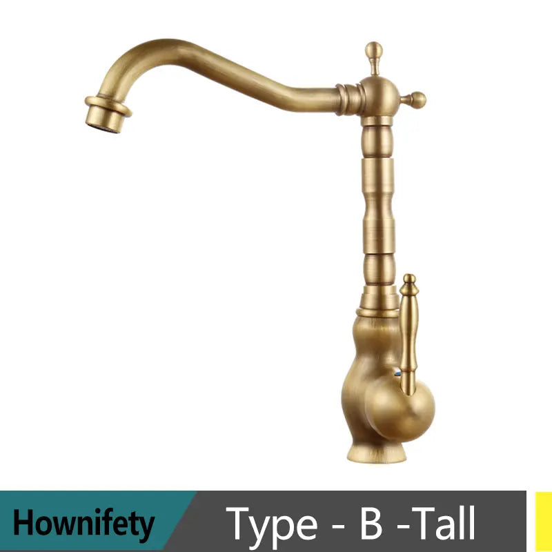 Antique Brass Kitchen Faucet Hot & Cold Mixer Tap Single Hole Bathroom Faucet  Rotatable crane Blue and white porcelain handle
