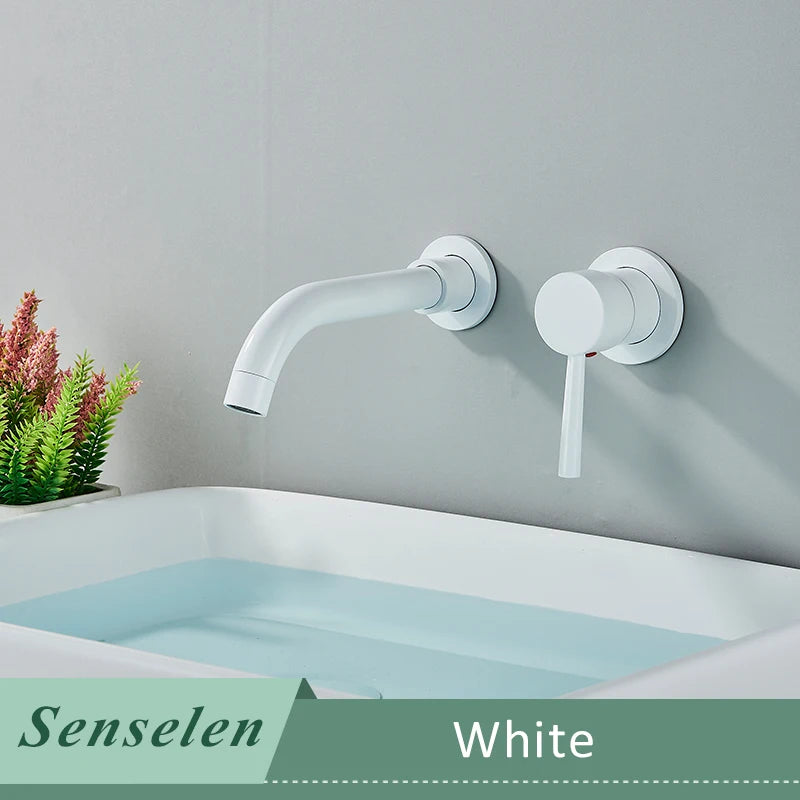 Bathroom Basin Faucet Brushed Golden Concealed Wall Mounted Faucet Tap 360 Rotation Single Handle Hot Cold Water Bath Mixer Tap