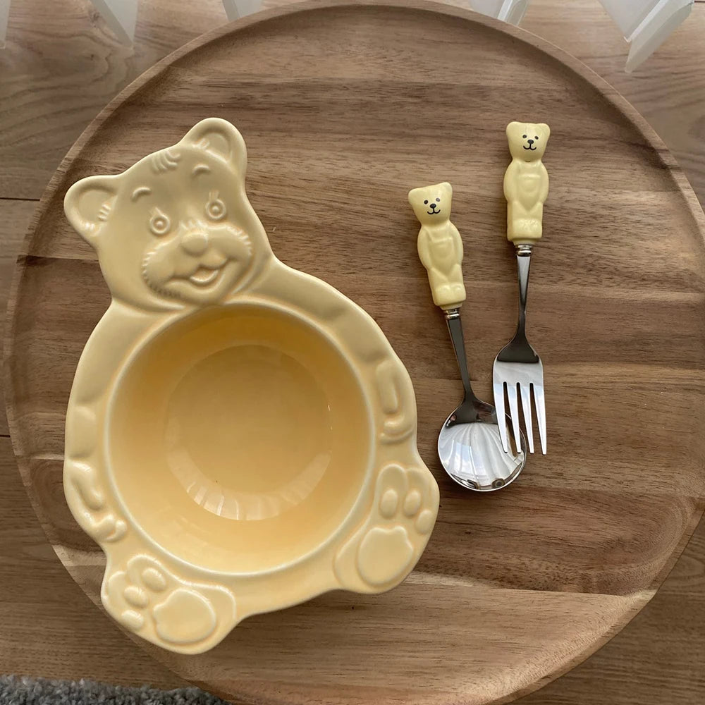 Korean Cartoon Student Tableware 2021 New INS Cute Bear Ceramic Bowls Children's Dessert Breakfast Cereal Fruit Salad Soup Bowl