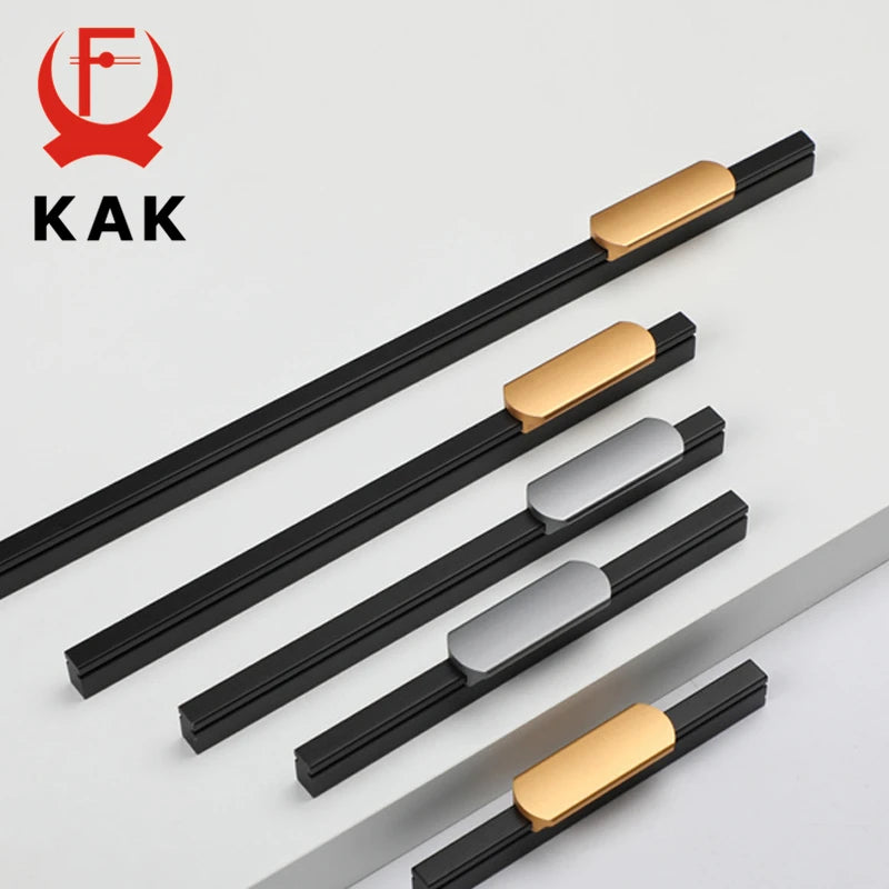 KAK Fashion Black Kitchen Cabinet Handles Aluminum Alloy Cupboard Door Pulls Gold Drawer Knobs Long Furniture Handle Hardware