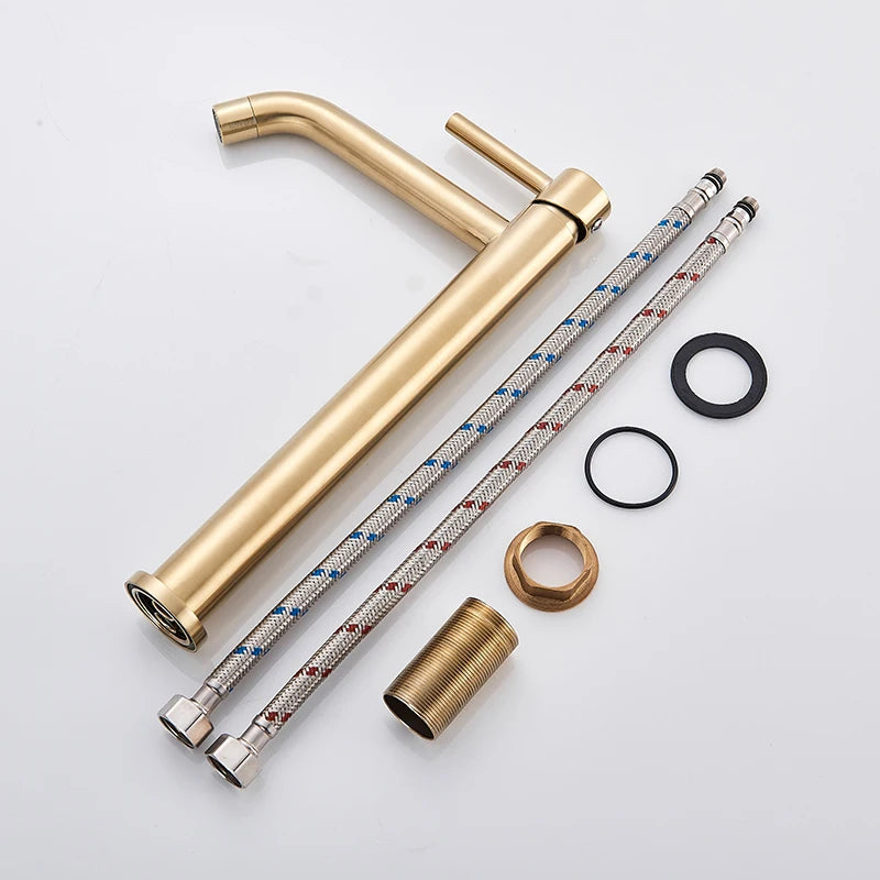 Brushed Golden Bathroom Basin Hot Cold Faucets Brass Deck Mounted Tall Style Long Mouthed Taps Vanity Sink Mixer Tap For Bathroo