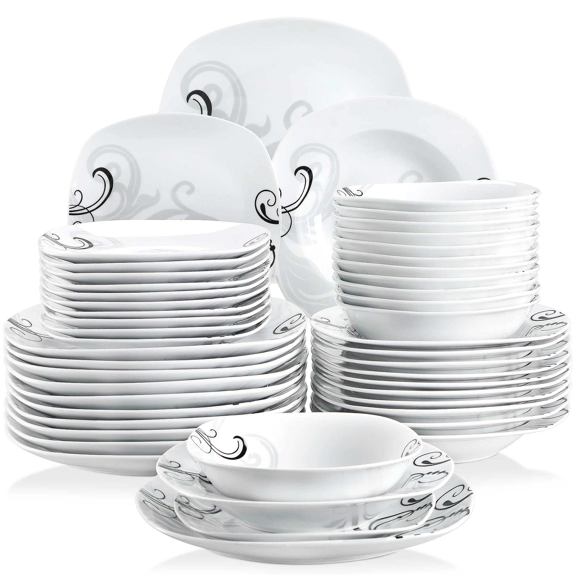 VEWEET ZOEY 48-Piece Black Decals Dinner Combi-Set Porcelain Tableware Set with Bowls Dessert Plates Soup Plate Dinner Plates