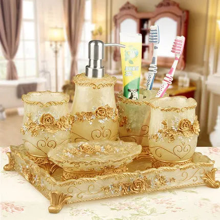 European 5pcs Bathroom Set/Resin Bathroom Accessories Kit/Toothpick Holder/Soap Dispenser/Tooth Brush Holder/Cup Soap Dish Tray