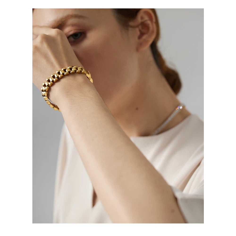Yhpup Stainless Steel Chain Bracelet - Simple 18K Gold Plated Heavy Metal Fashion Jewelry for Men & Women | AlluCanFind