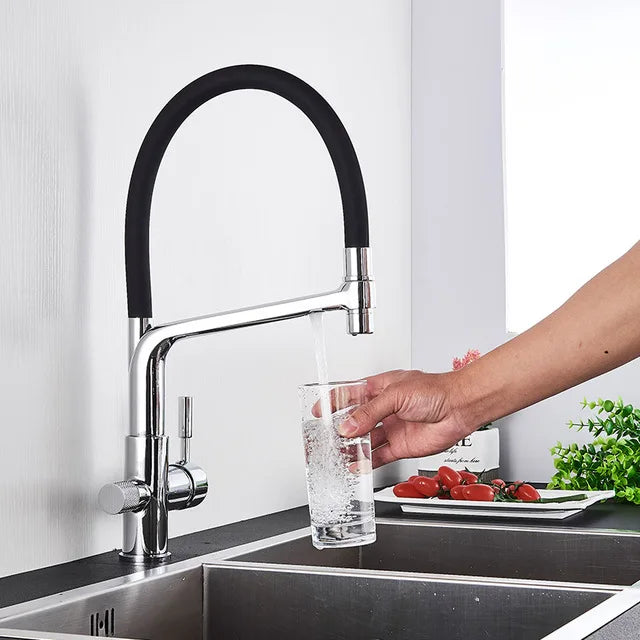 Filter Kitchen Faucet Black Dual Spout Drinking Water Faucet Mixer 360 Degree Rotation Hot Cold Water Purification Feature Tap