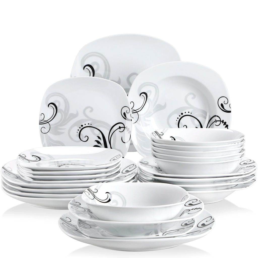 VEWEET ZOEY 48-Piece Black Decals Dinner Combi-Set Porcelain Tableware Set with Bowls Dessert Plates Soup Plate Dinner Plates