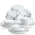 VEWEET ZOEY 48-Piece Black Decals Dinner Combi-Set Porcelain Tableware Set with Bowls Dessert Plates Soup Plate Dinner Plates