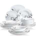 VEWEET ZOEY 48-Piece Black Decals Dinner Combi-Set Porcelain Tableware Set with Bowls Dessert Plates Soup Plate Dinner Plates