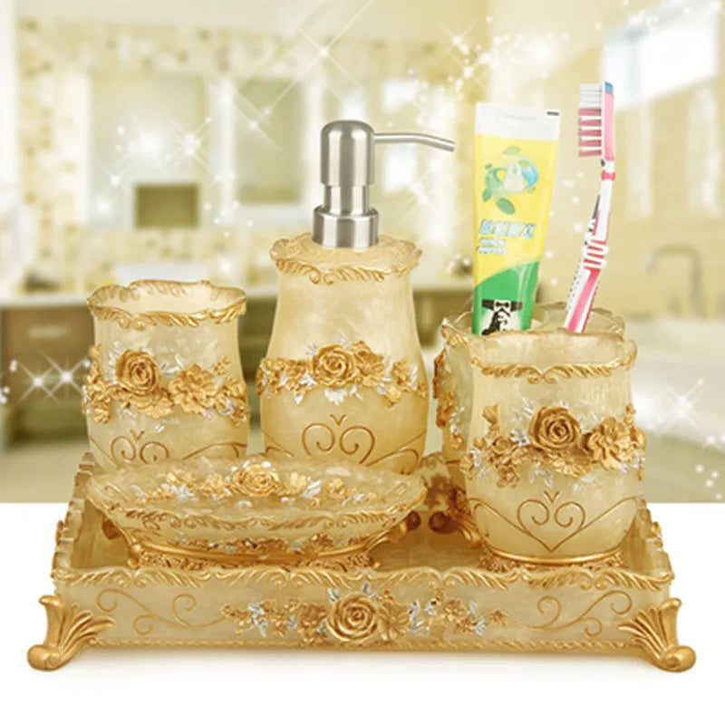 European 5pcs Bathroom Set/Resin Bathroom Accessories Kit/Toothpick Holder/Soap Dispenser/Tooth Brush Holder/Cup Soap Dish Tray