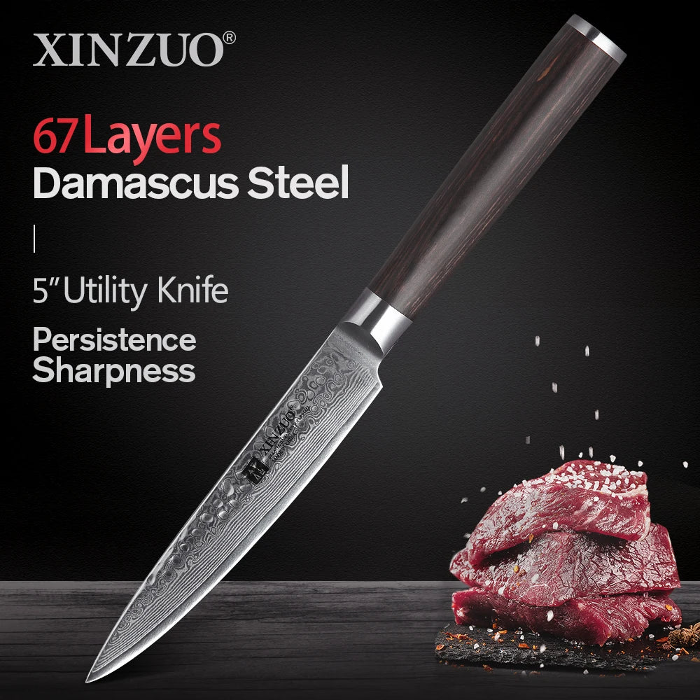XINZUO 1-5 PCS Kitchen Knives Set VG10 Damascus Stainless Steel Sharp Chef Santoku Nakiri Slicing Paring Knife Pakkawood Handle