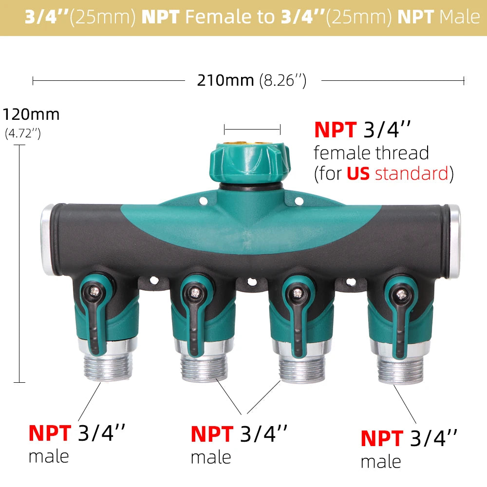 1PC BSP NPT 3/4" 4-Way Brass Plastic Garden Hose Splitter Y-Type Watering Connector Distributor For Outdoor Tap Faucet Adapter